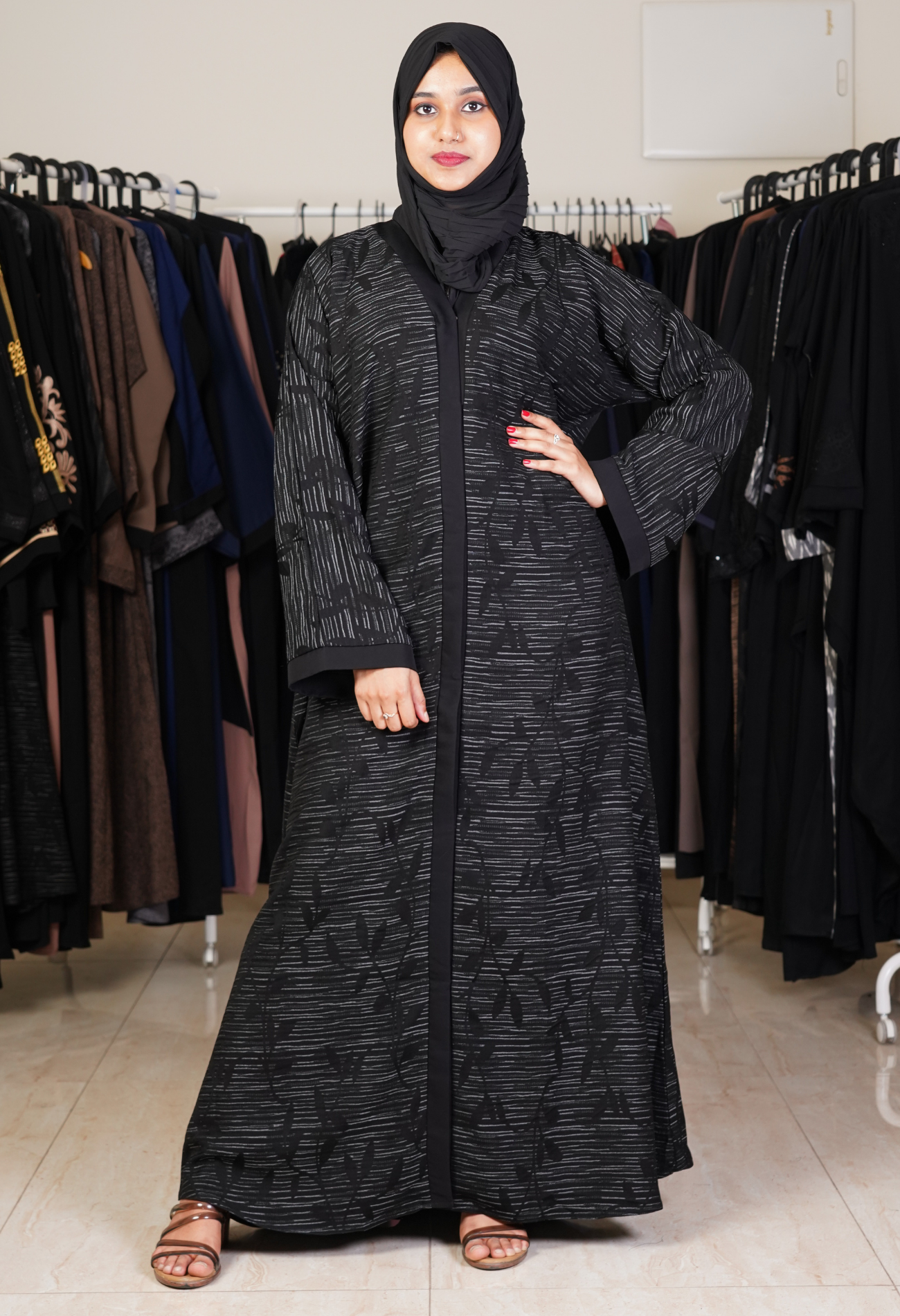 Black Self Design Front Open Abaya