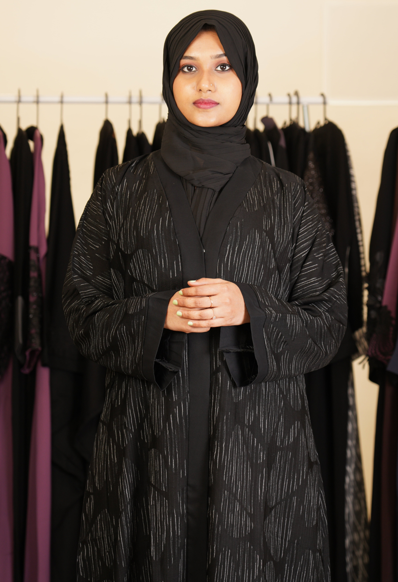Black Self Printed Front Open Abaya