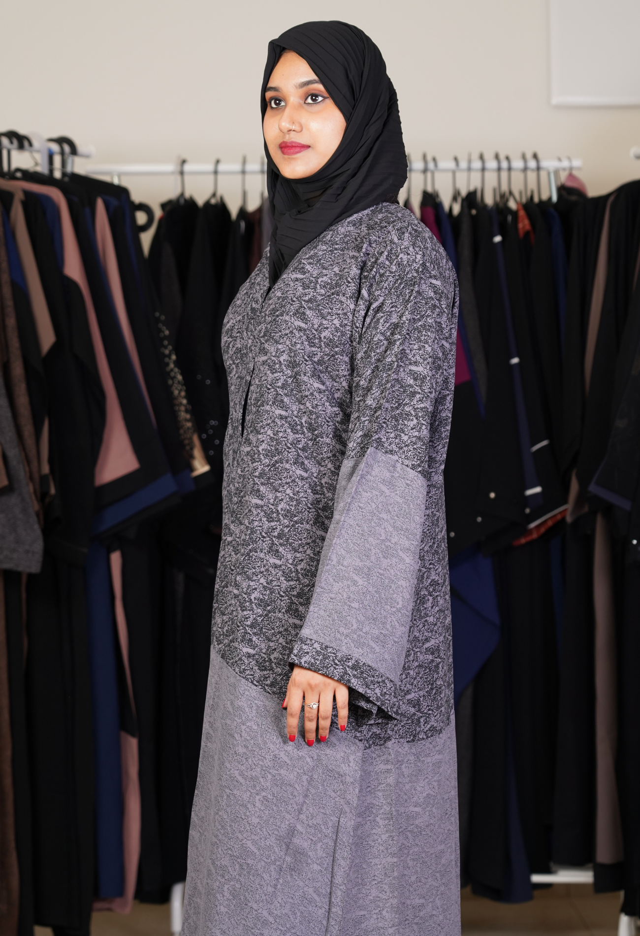 Ash Two Tone Printed Front Open Abaya