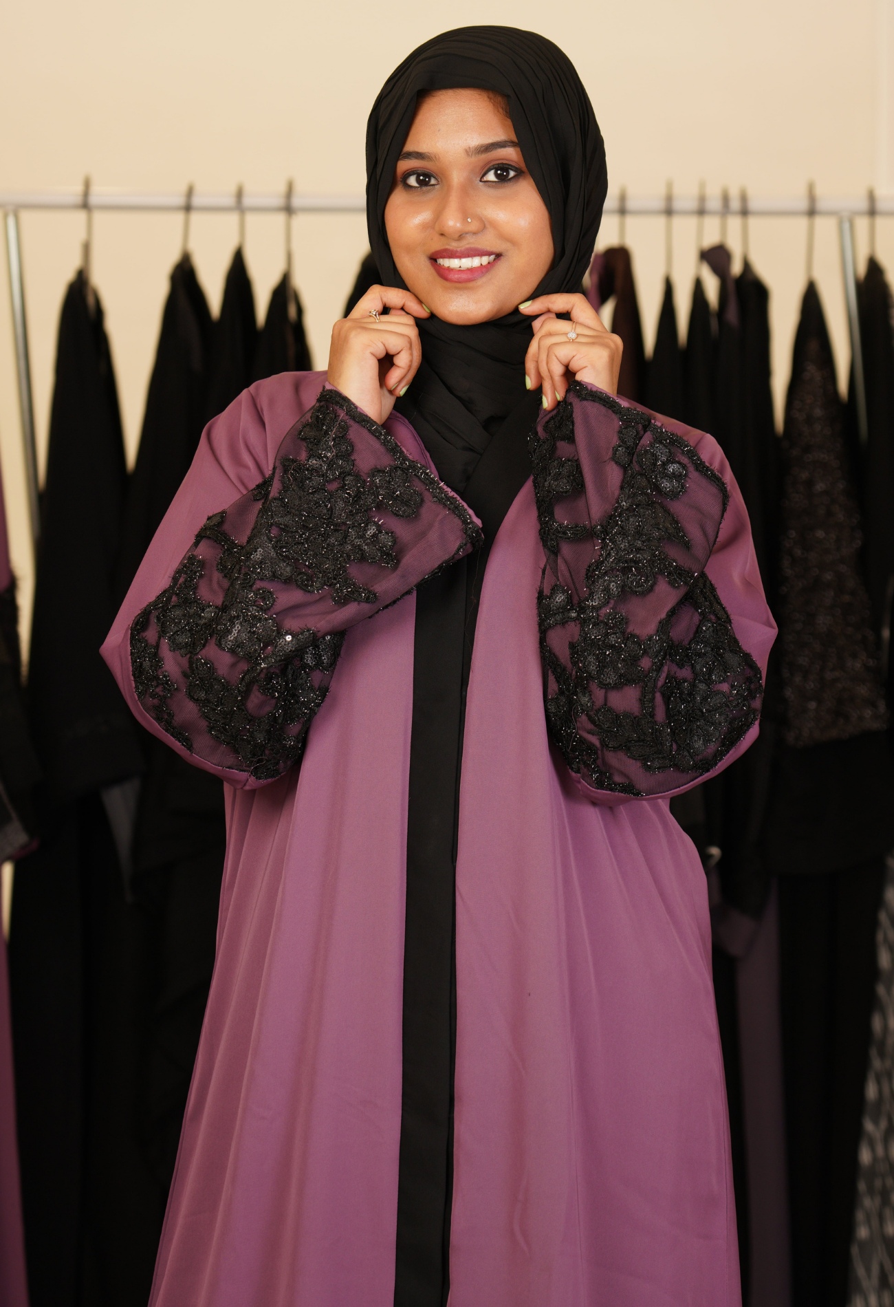 Fuchsia Front Open Abaya With Netted Sleeves