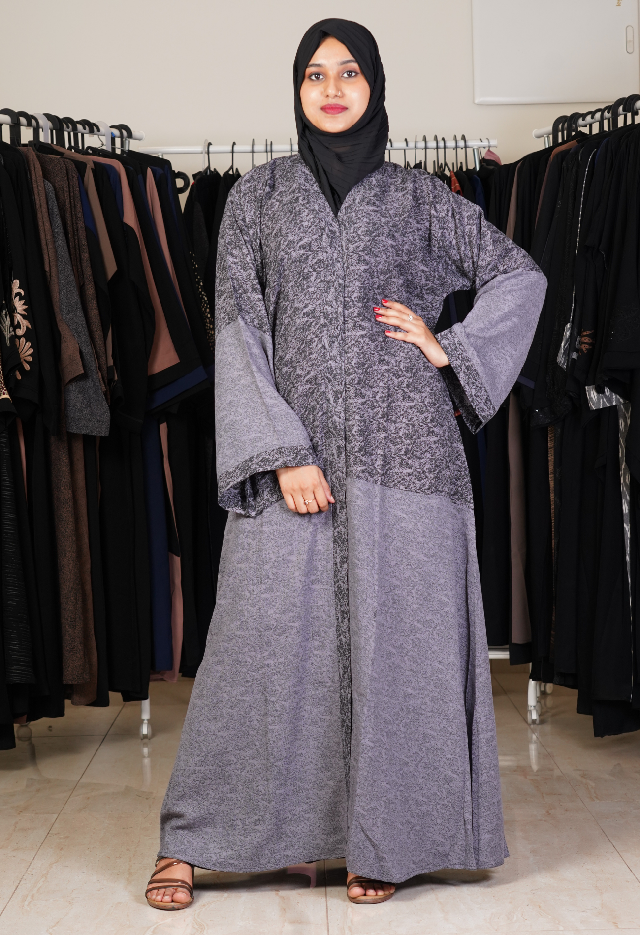 Ash Two Tone Printed Front Open Abaya