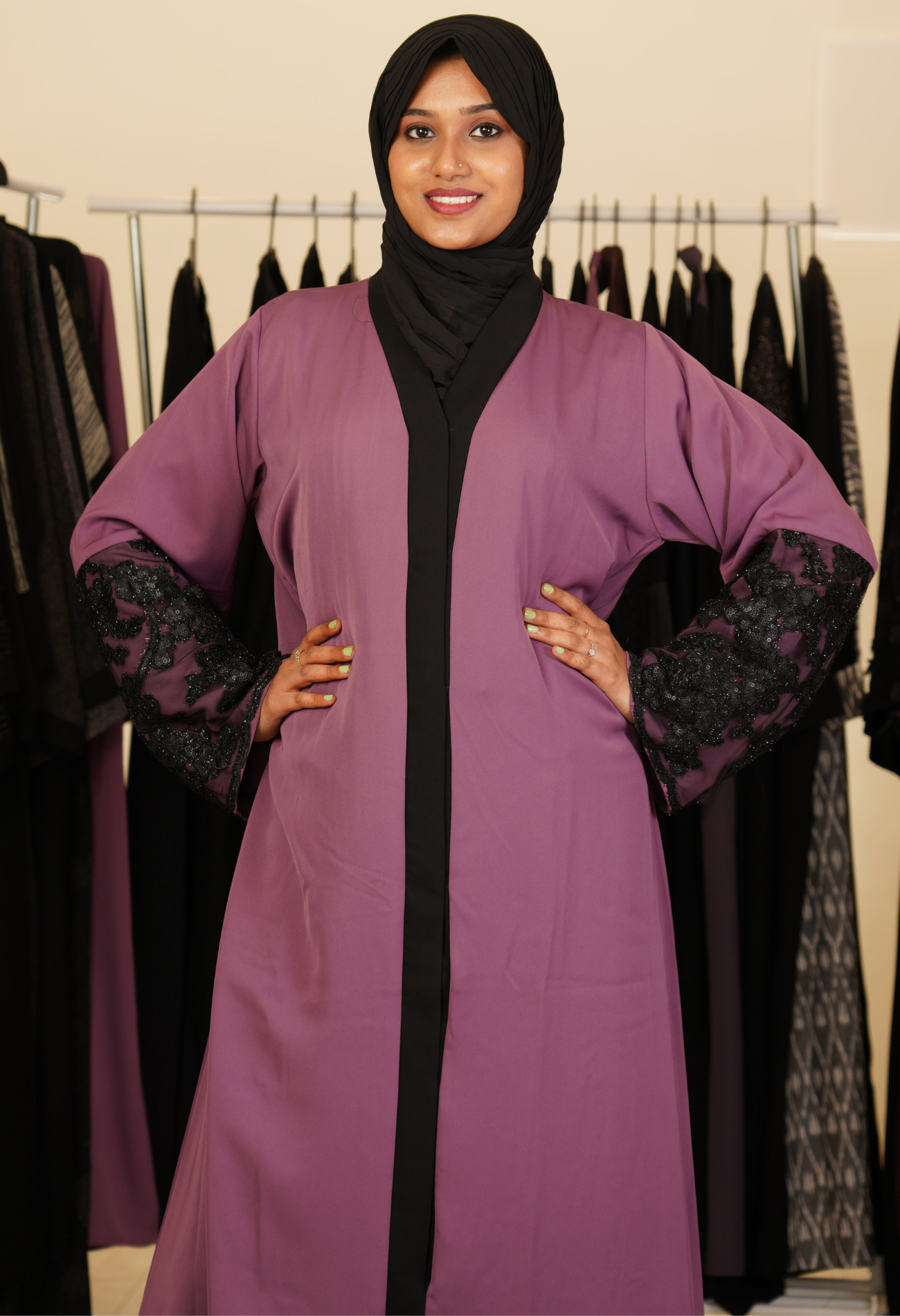 Fuchsia Front Open Abaya With Netted Sleeves