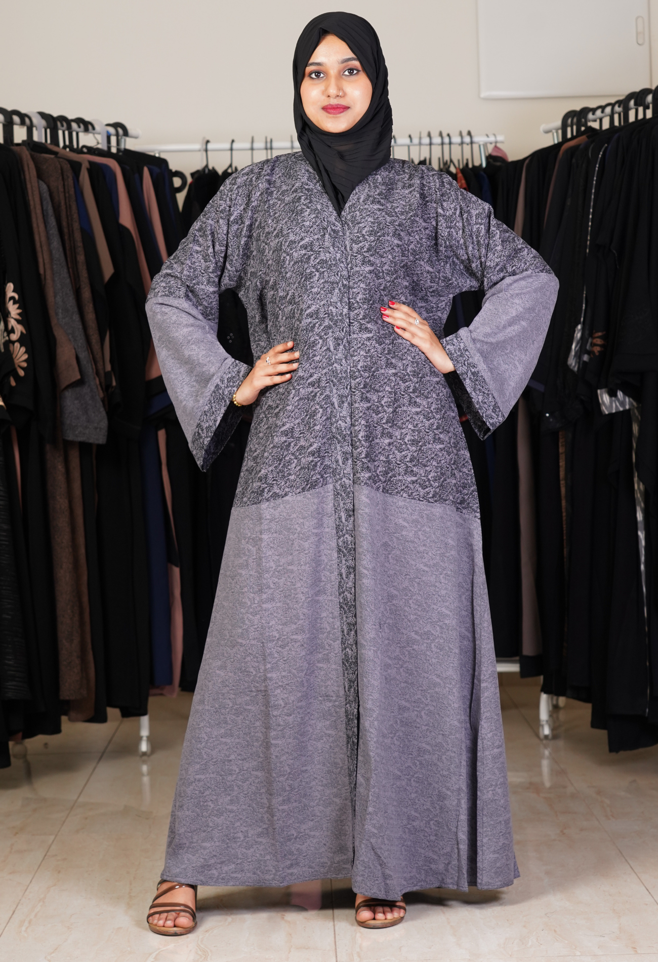 Ash Two Tone Printed Front Open Abaya
