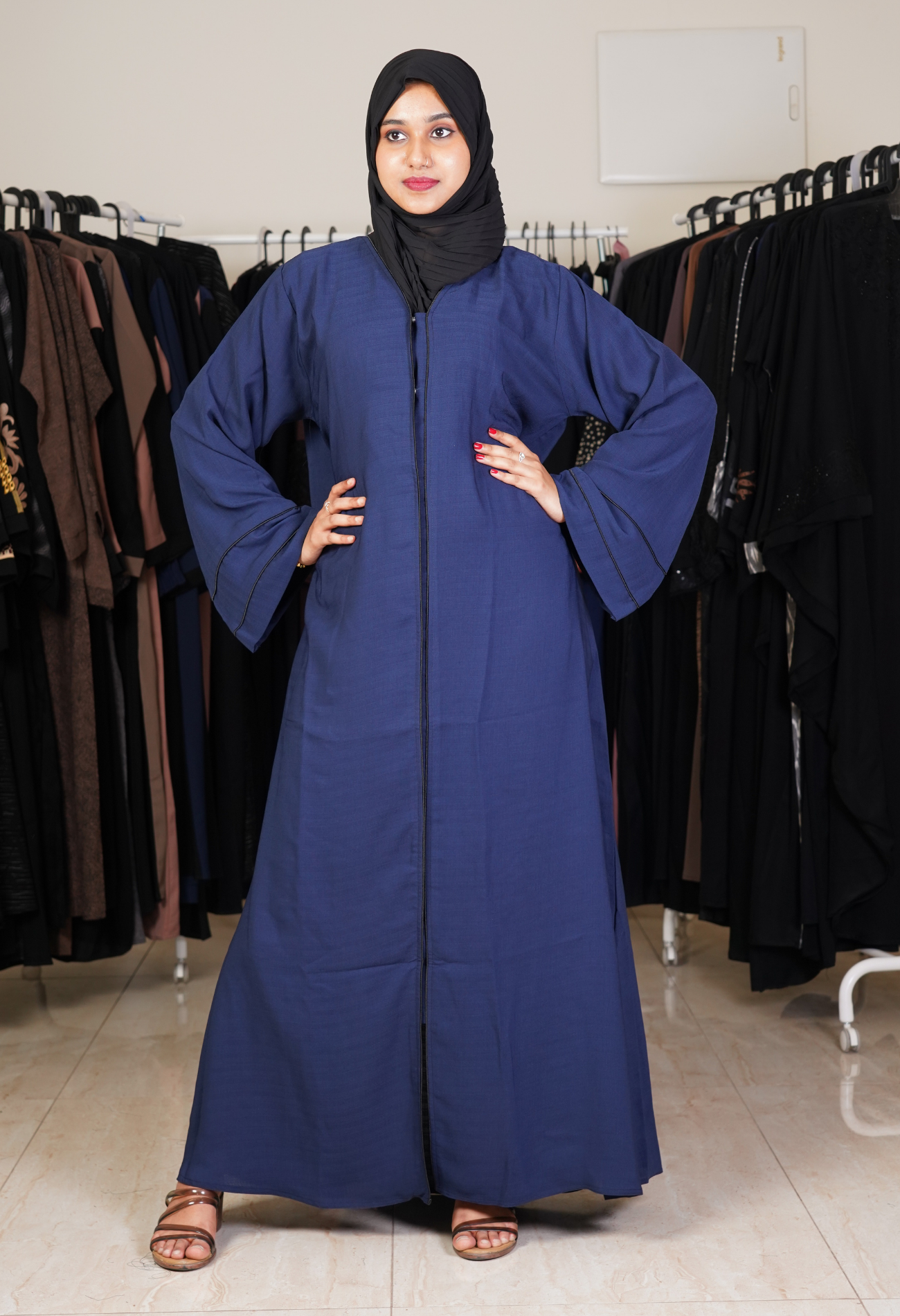 Navy Blue Front Open Abaya With Black Piping- Abaya Project