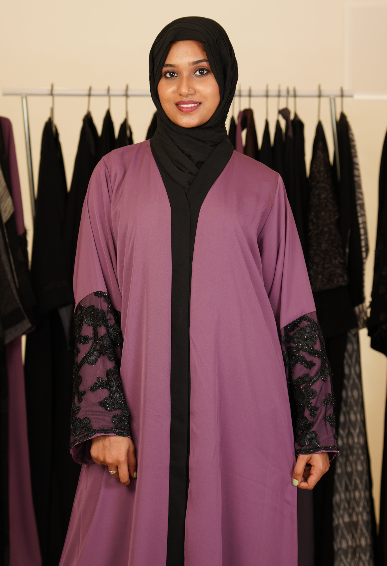 Fuchsia Front Open Abaya With Netted Sleeves