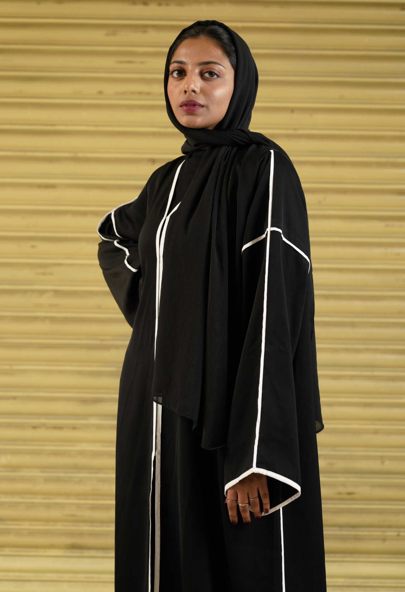 Black Front Open Abaya With White Piping