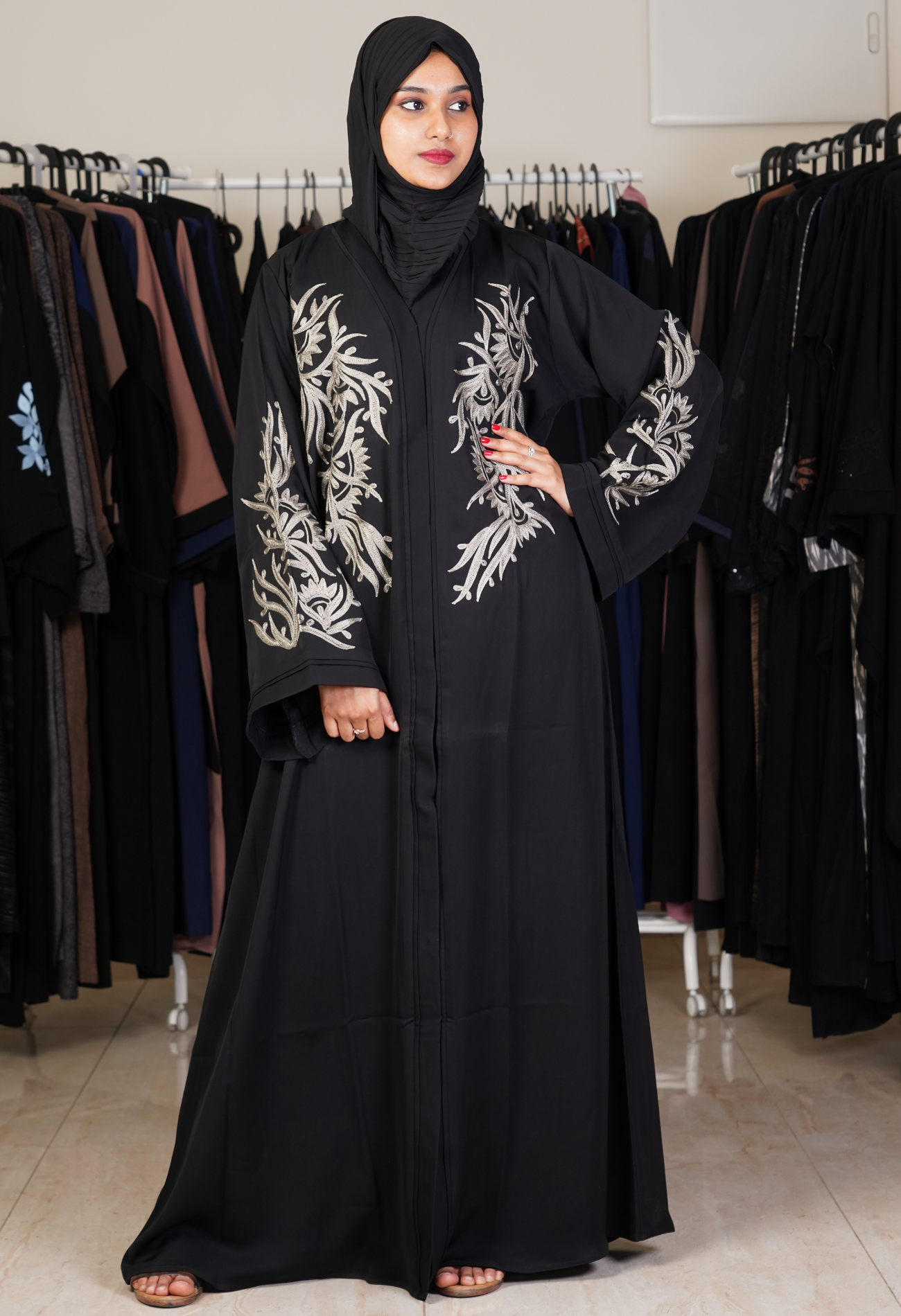 Black Front Open Abaya With Aari Design