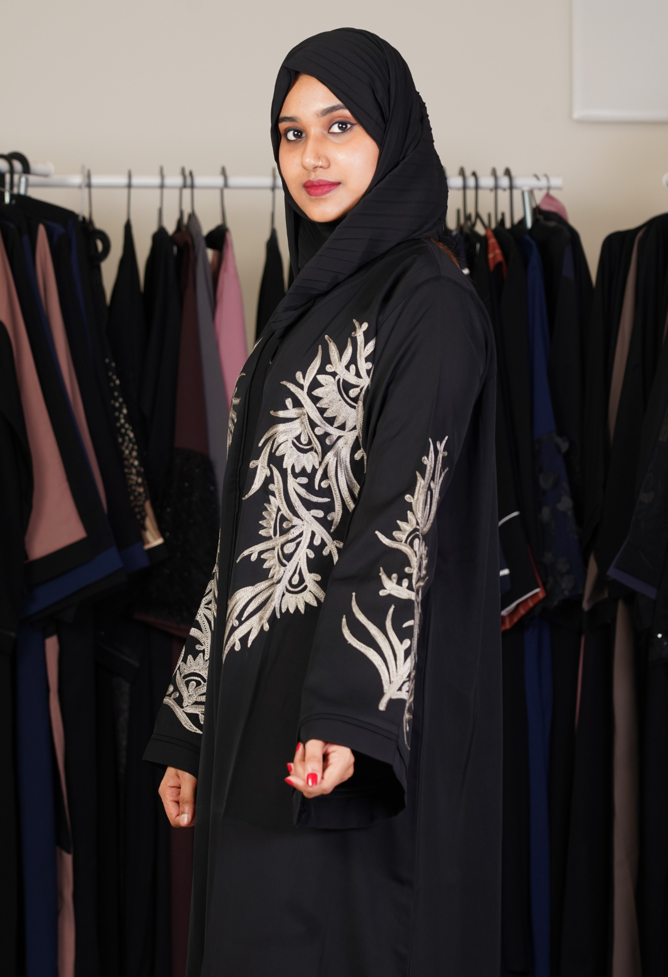 Black Front Open Abaya With Aari Design