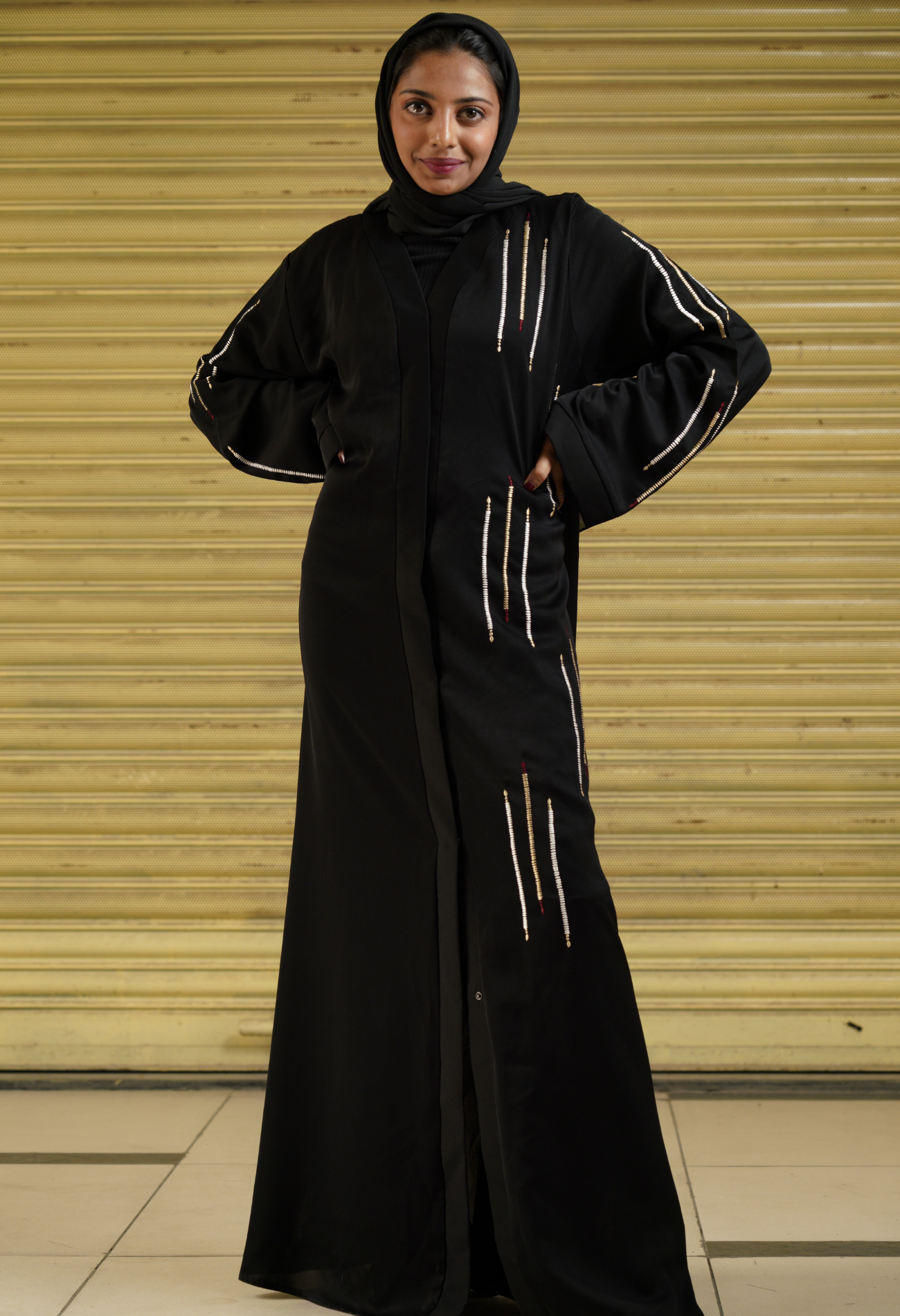 Black Front Open Abaya With Embroidery Lines