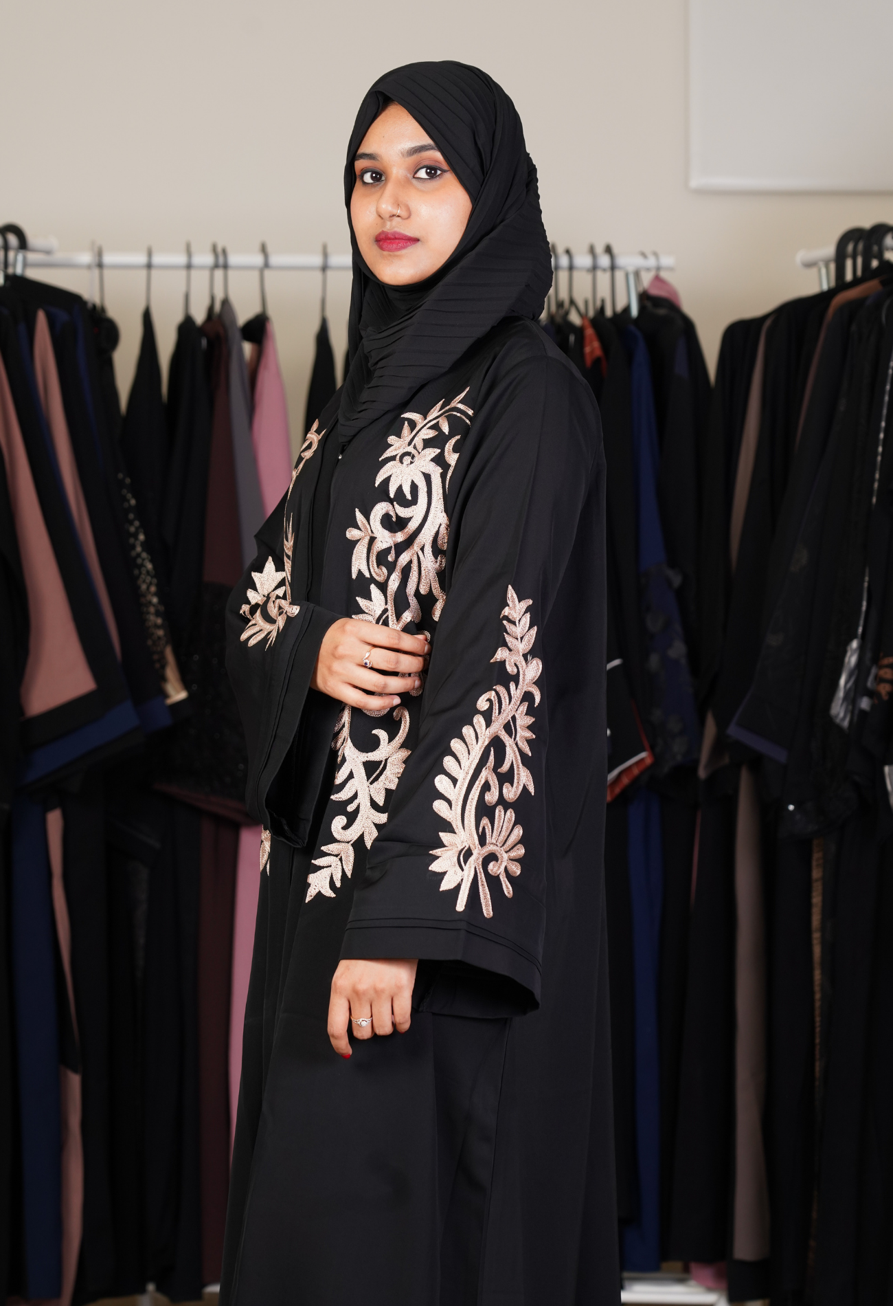 Black Front Open Abaya with Aari Work