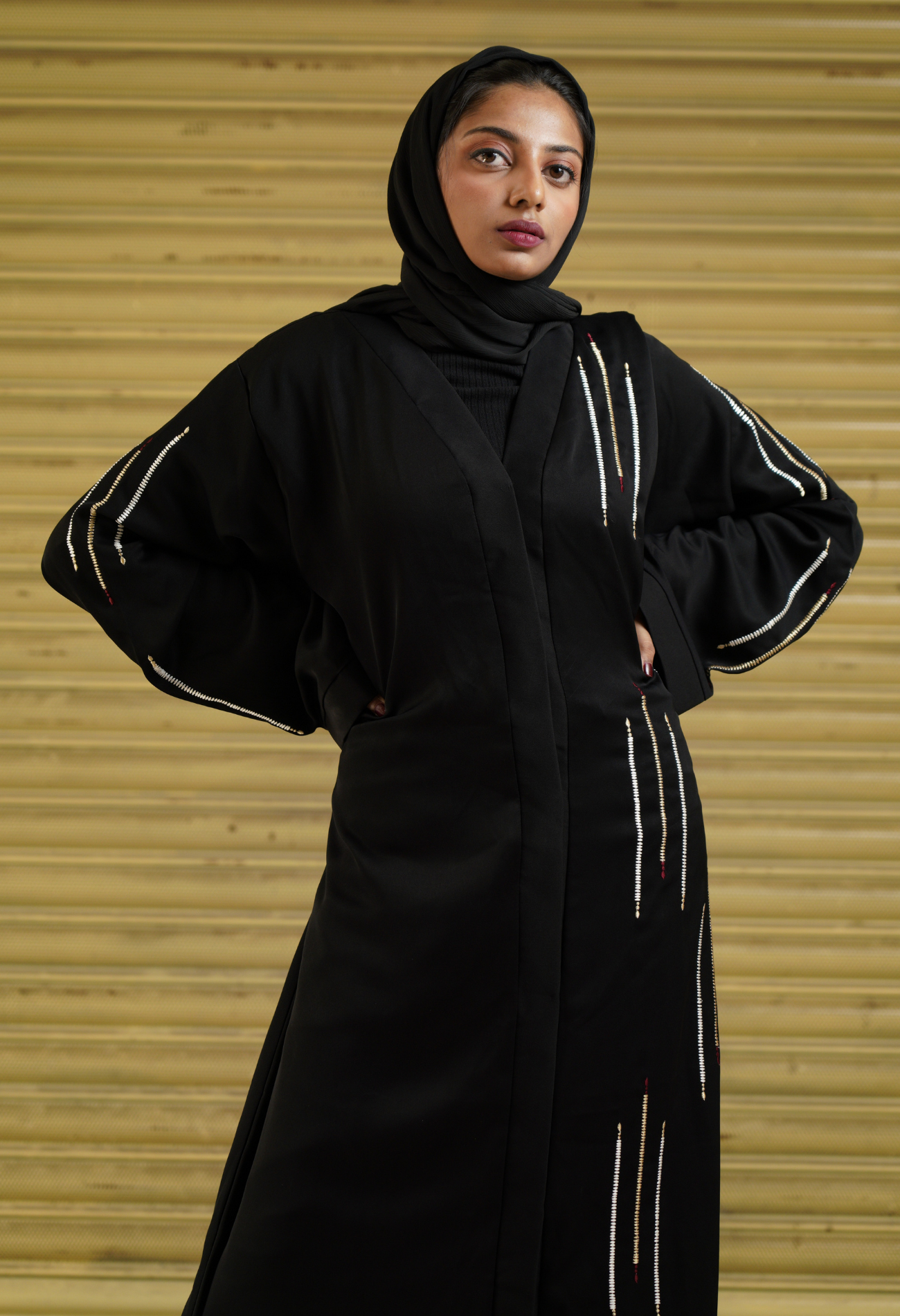 Black Front Open Abaya With Embroidery Lines