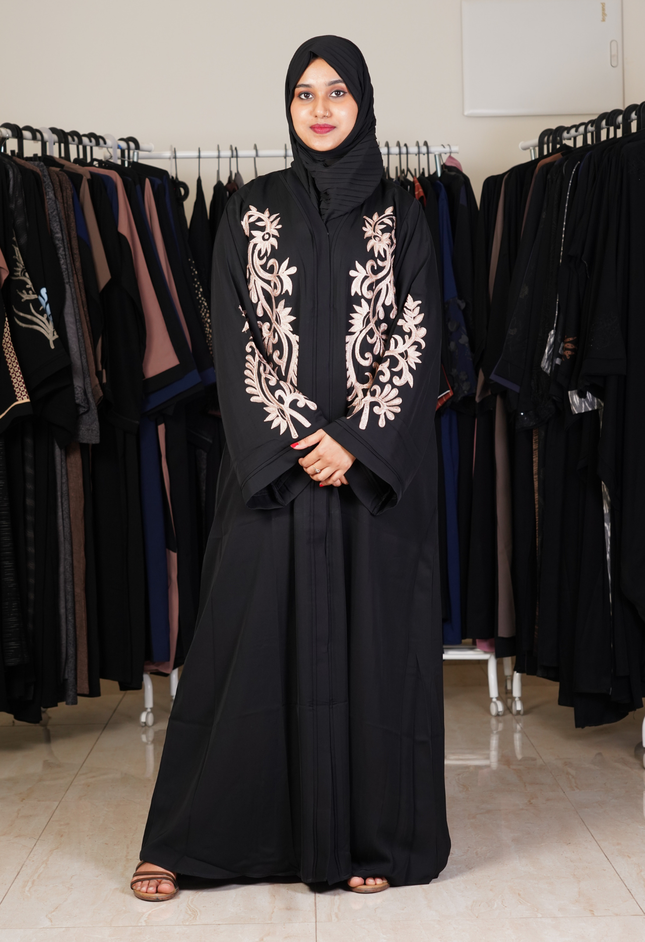 Black Front Open Abaya with Aari Work