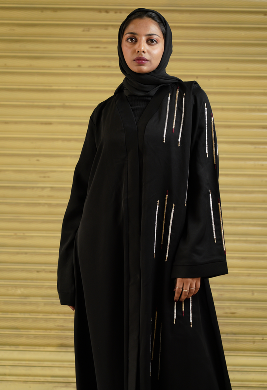 Black Front Open Abaya With Embroidery Lines