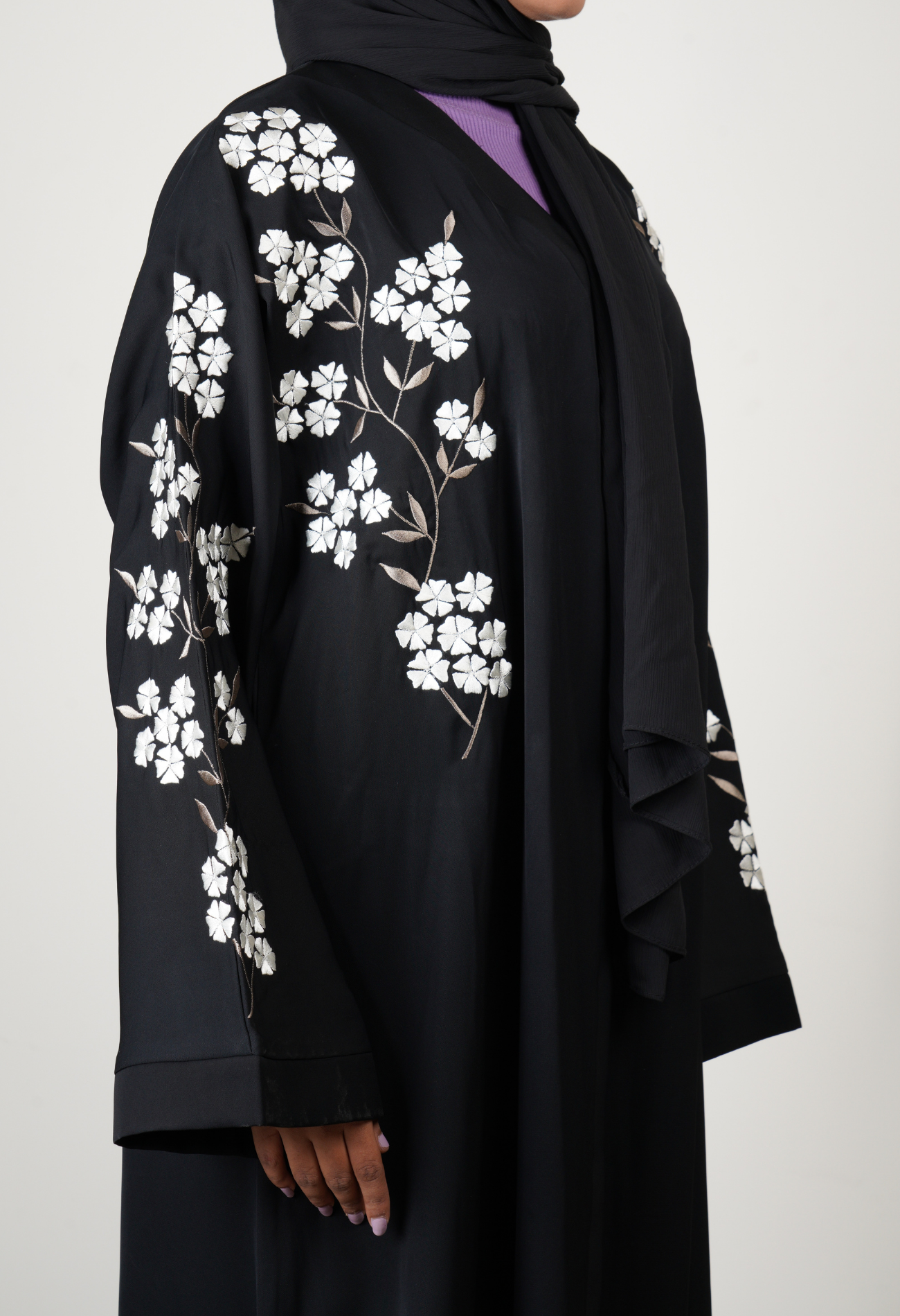 Front Open Black Abaya With Embroidery On Sleeves