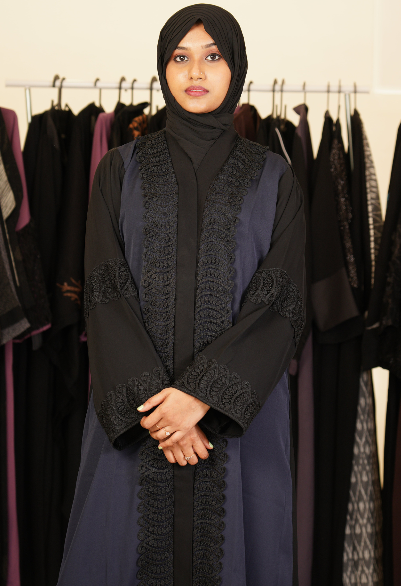 Two Tone front open Abaya With Lace