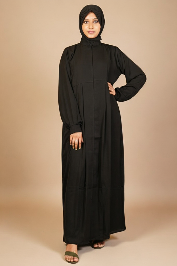 Basic Black Front Open Abaya With Cuff Sleeves