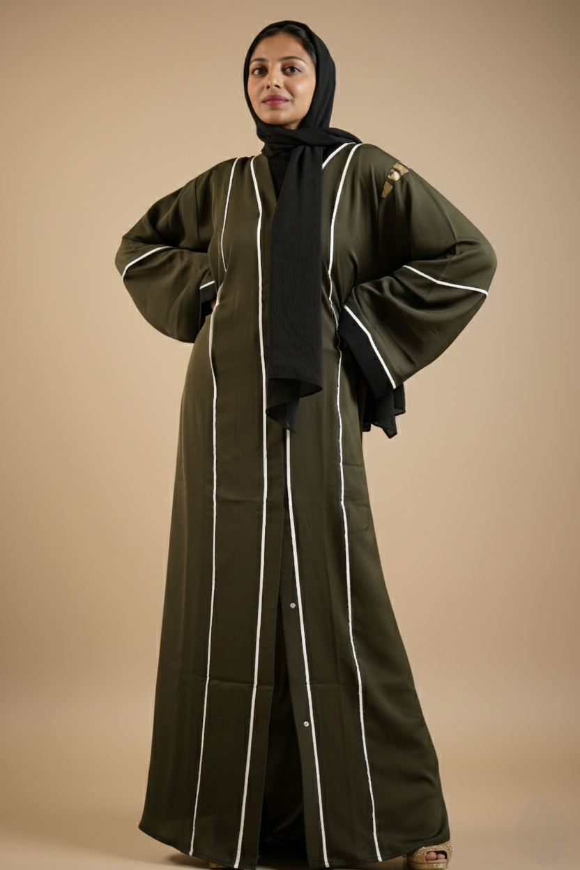 Military Green Front Open Abaya