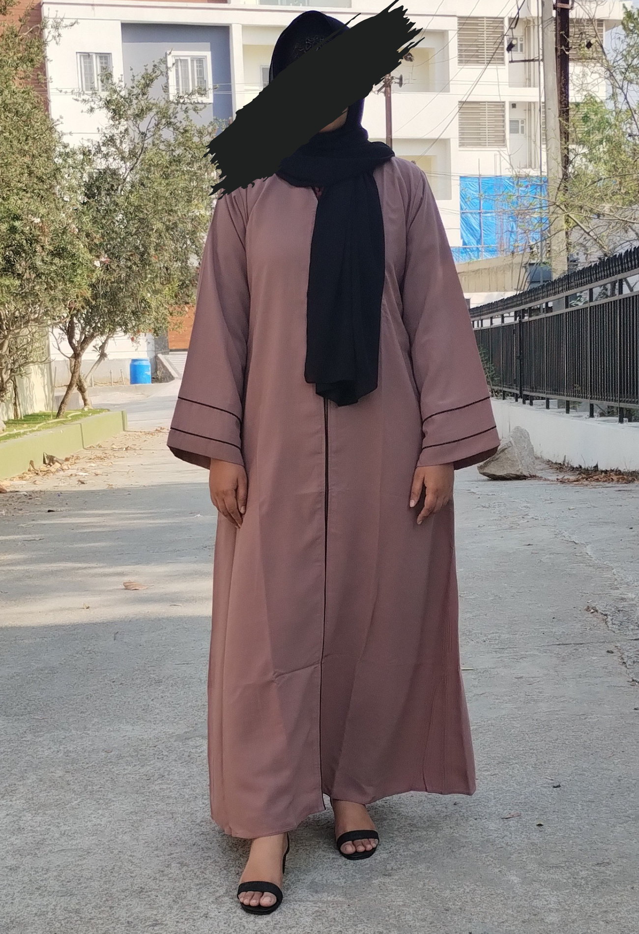 Peach Front Open Abaya With with Black Piping