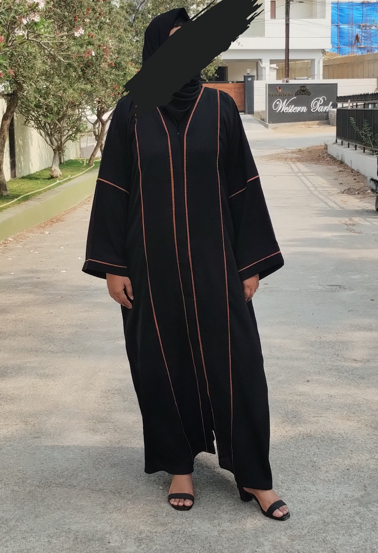 Black Front Open Abaya with Burnt Orange Piping