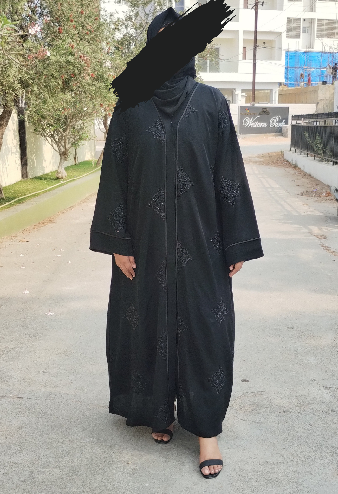 Black Front Open Abaya With Black Embroidery