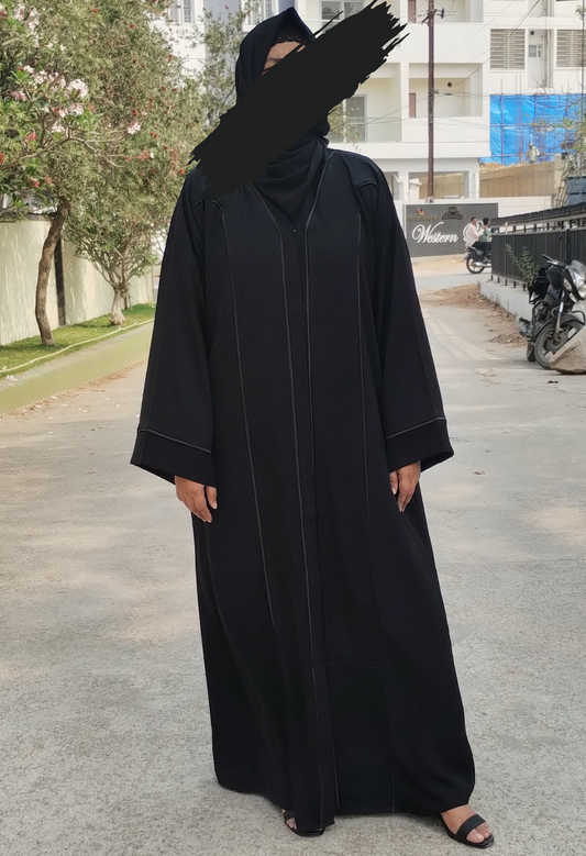 Black Front Open Abaya with Satin Strips