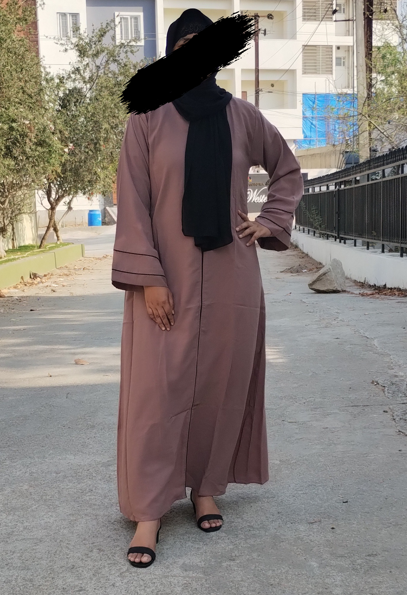 Peach Front Open Abaya With with Black Piping