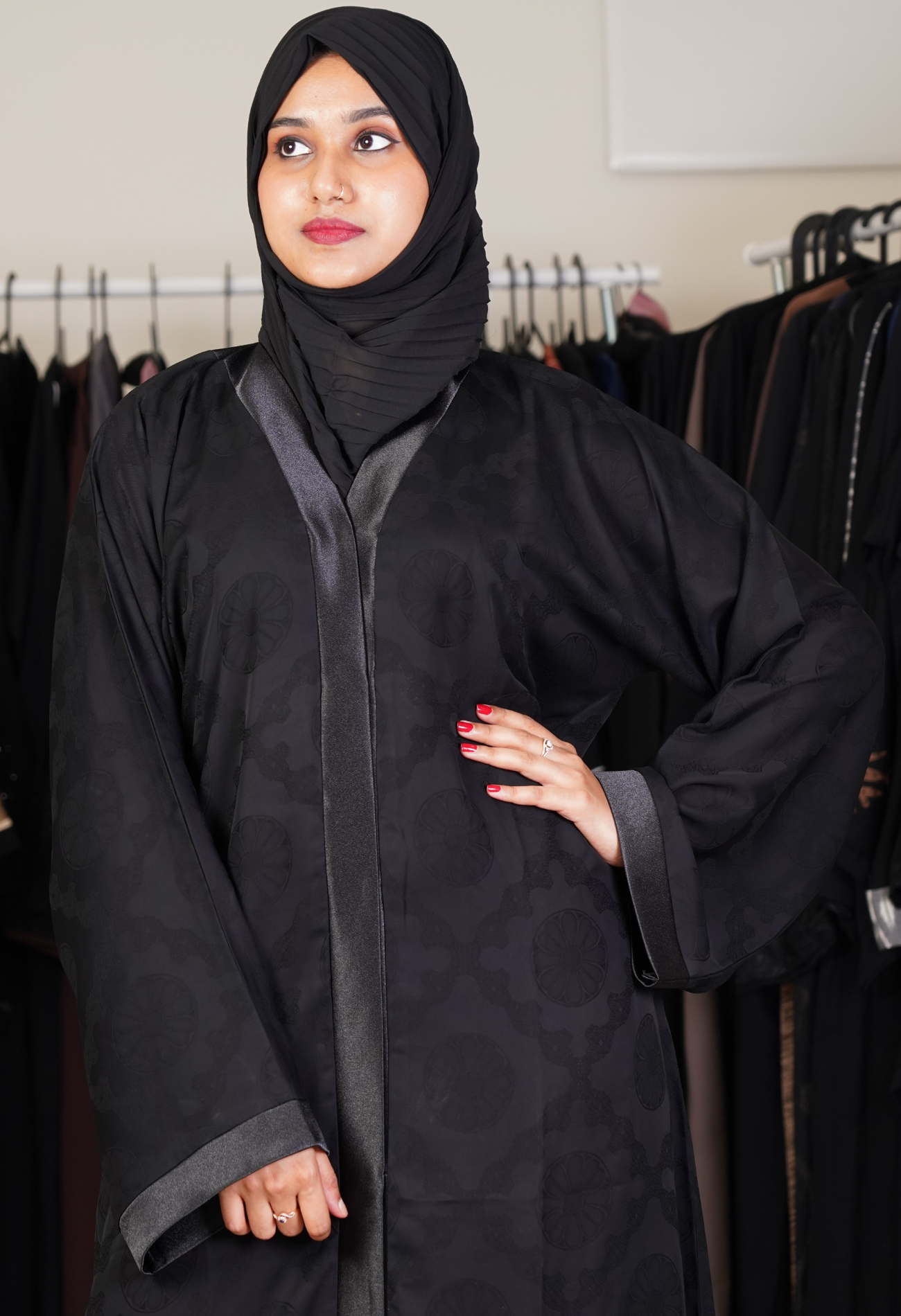 Black Self Design Front Open Abaya