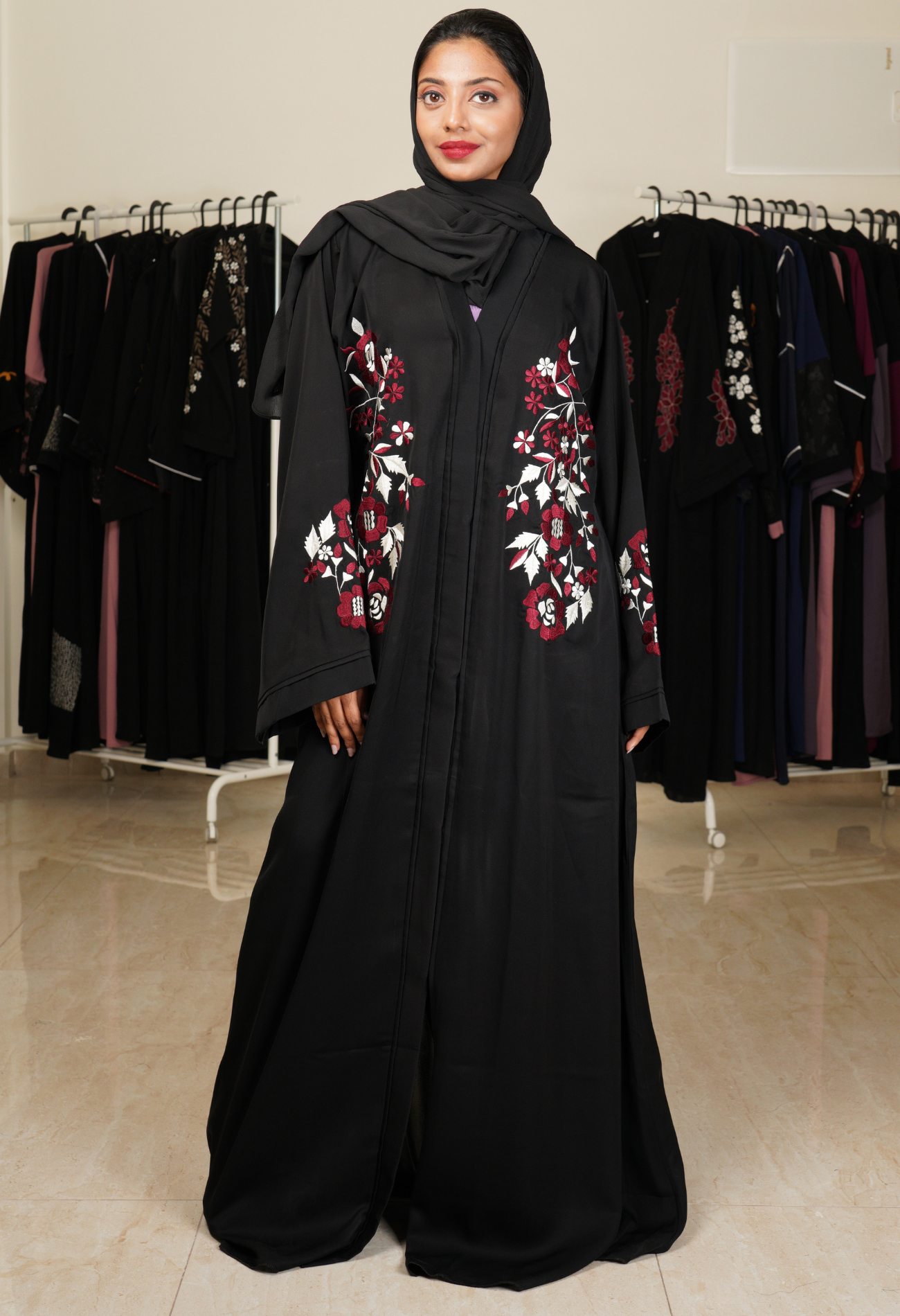 Black Front Open Abaya With Embroidery