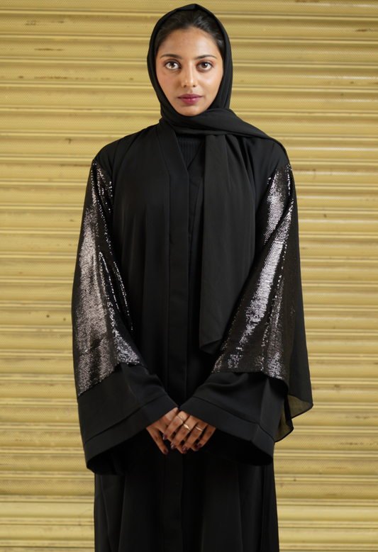 Black Front Open Abaya With Sequence Sleeves