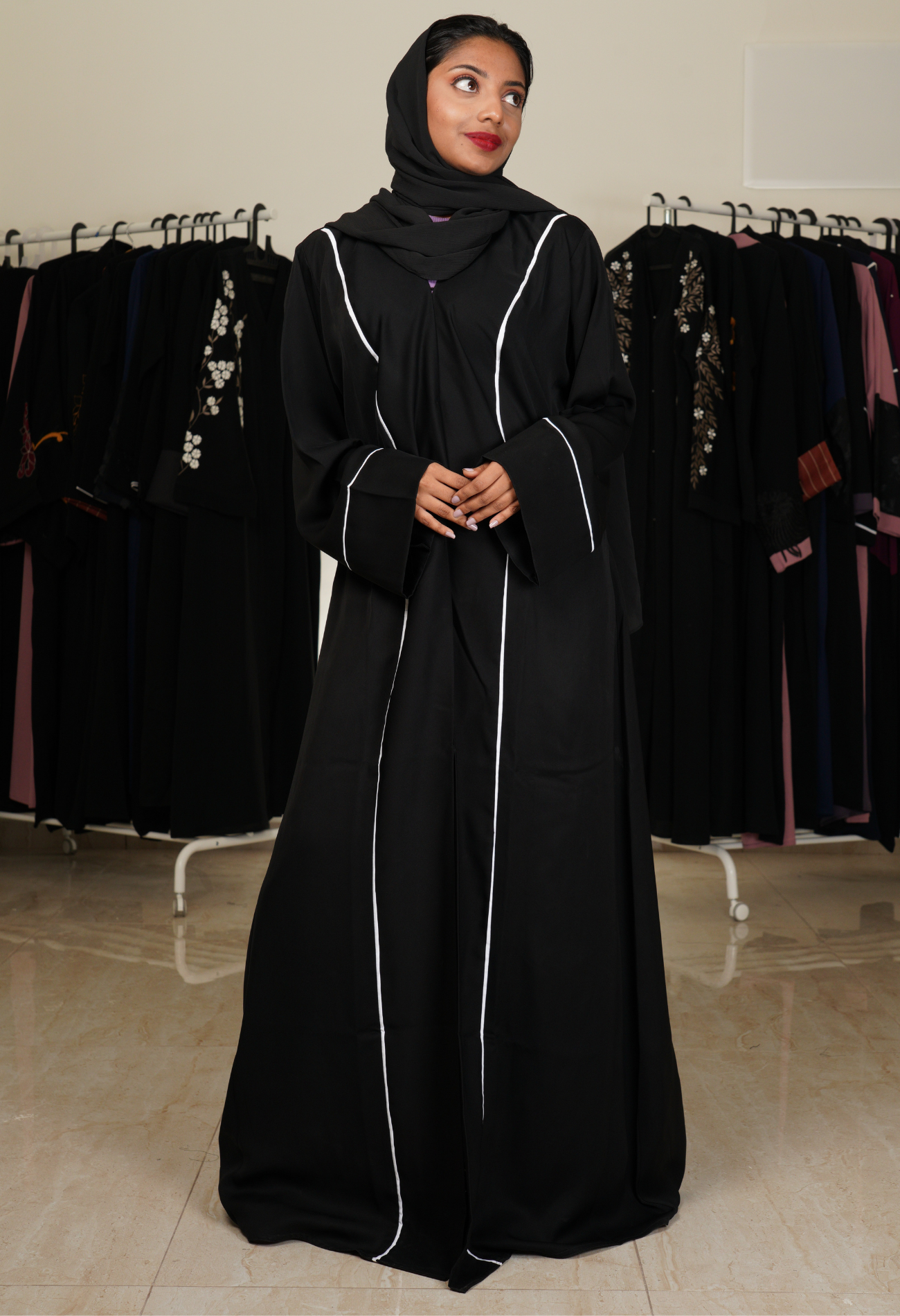 Black Front Open Abaya With White Piping
