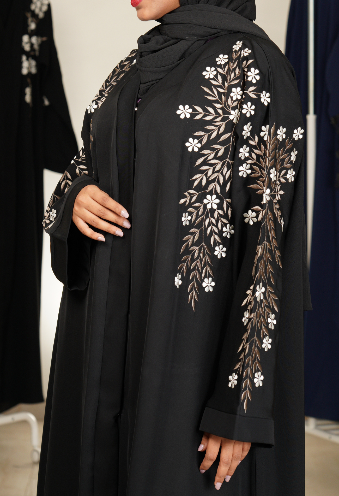 Black Front Open Abaya With Embroidery On Sleeves
