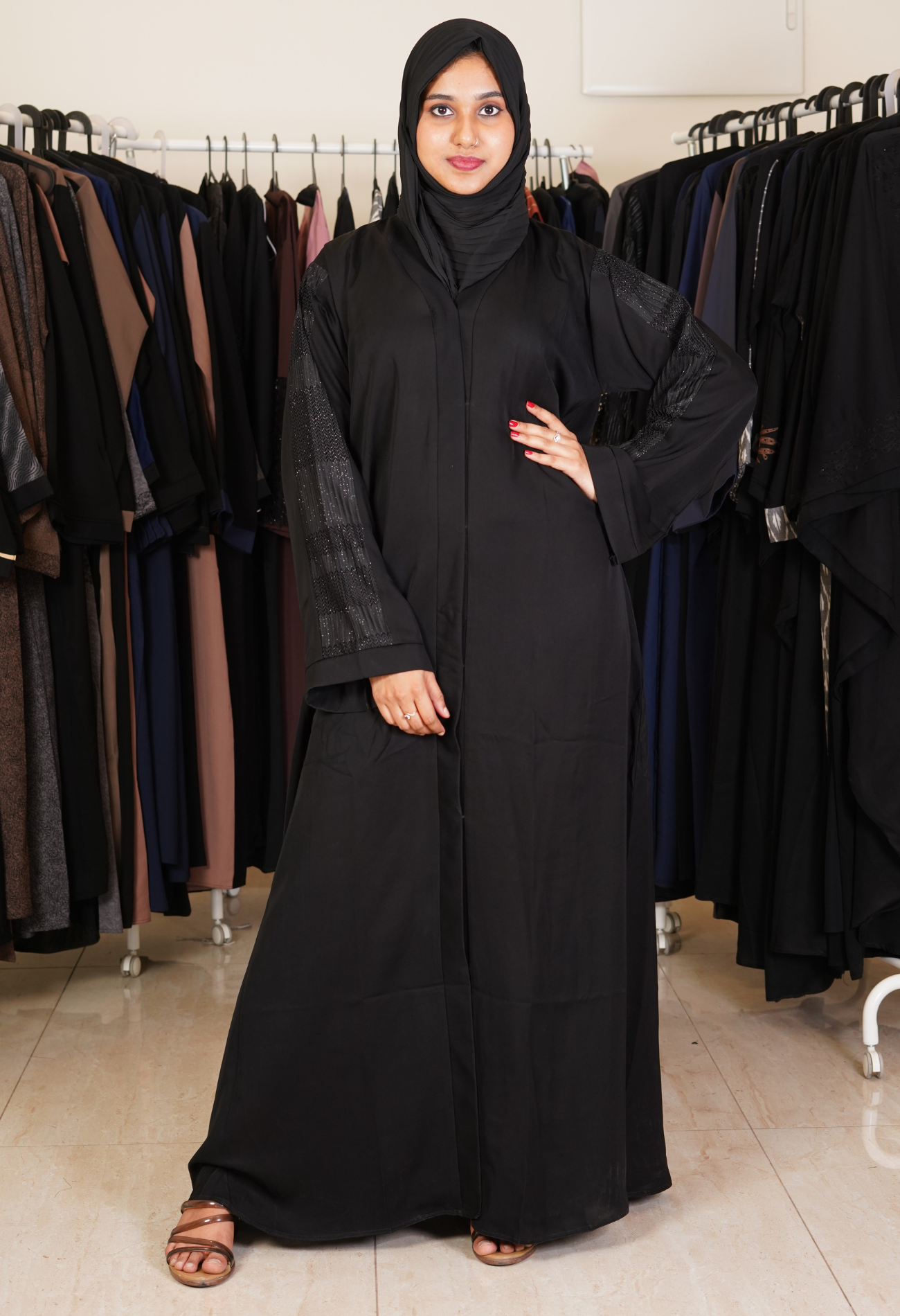 Black Front Open Abaya With Netted Sleeves- Abaya Proect