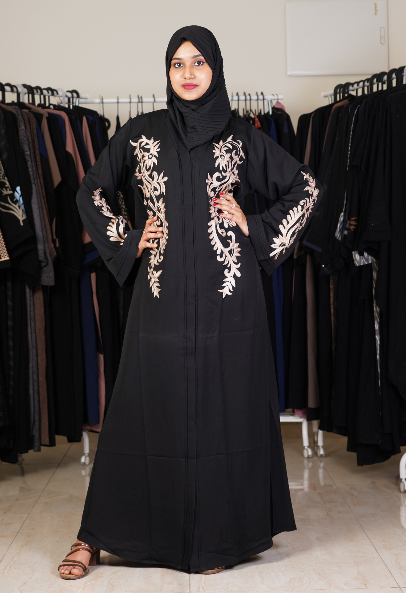 Black Front Open Aari Work Abaya