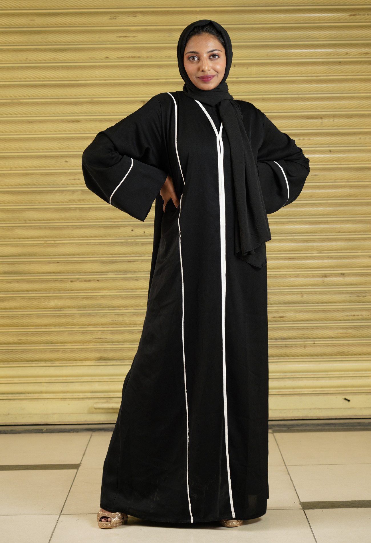 Black Front Open Abaya With White Piping