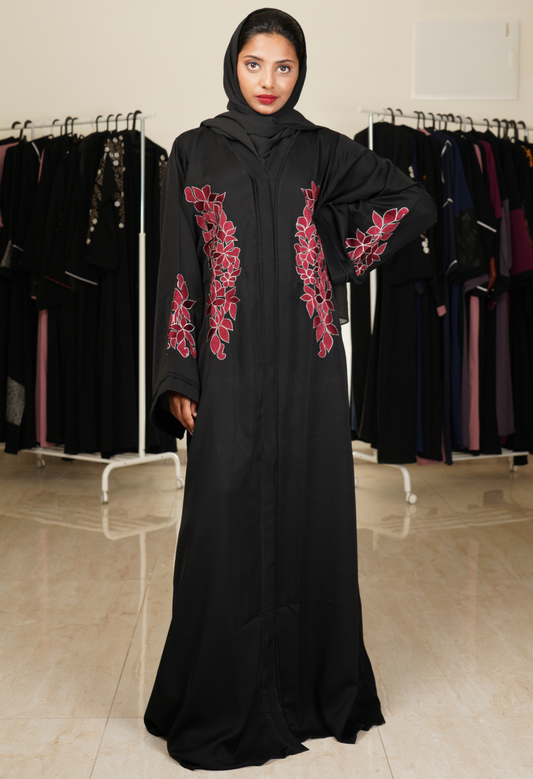 Black Front Open Abaya With Embroidery