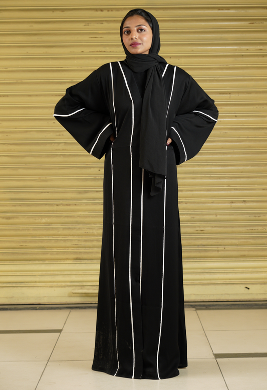 Black Front Open Abaya With Both Side White Strips