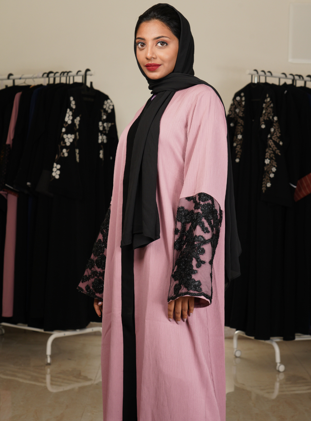 Pink Front Abaya With Black Net Sleeves