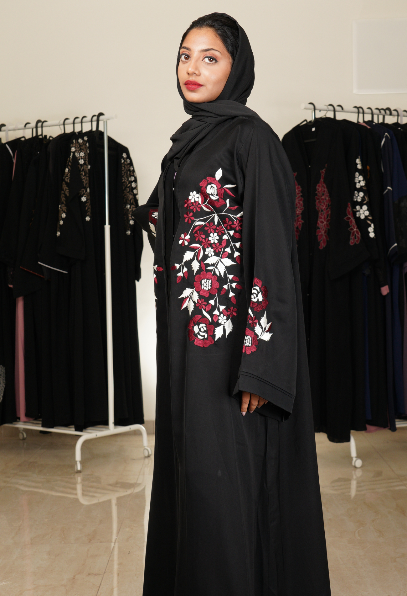 Black Front Open Abaya With Embroidery