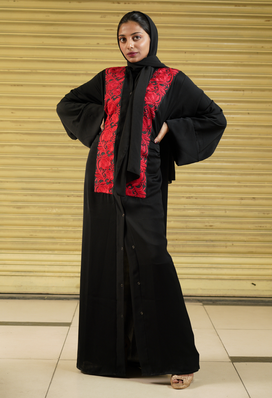 Black Front Open Abaya With Red Lace