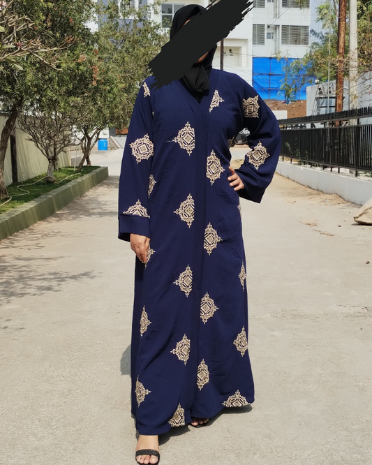 Navy Blue Front Open Embroidery Abaya