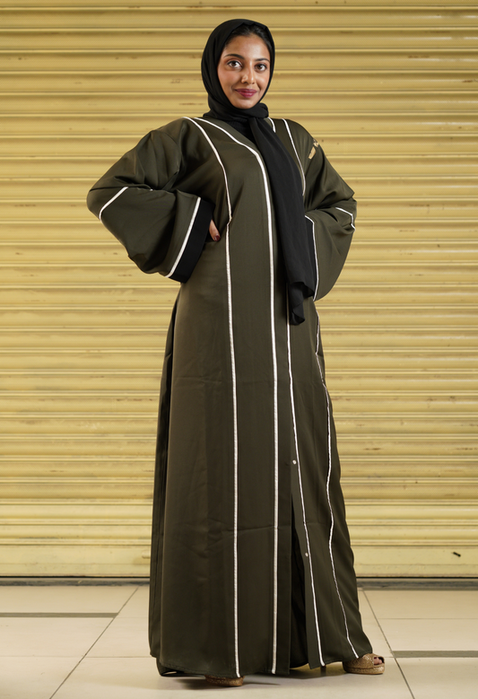 Military Green Front Open Abaya with White Piping