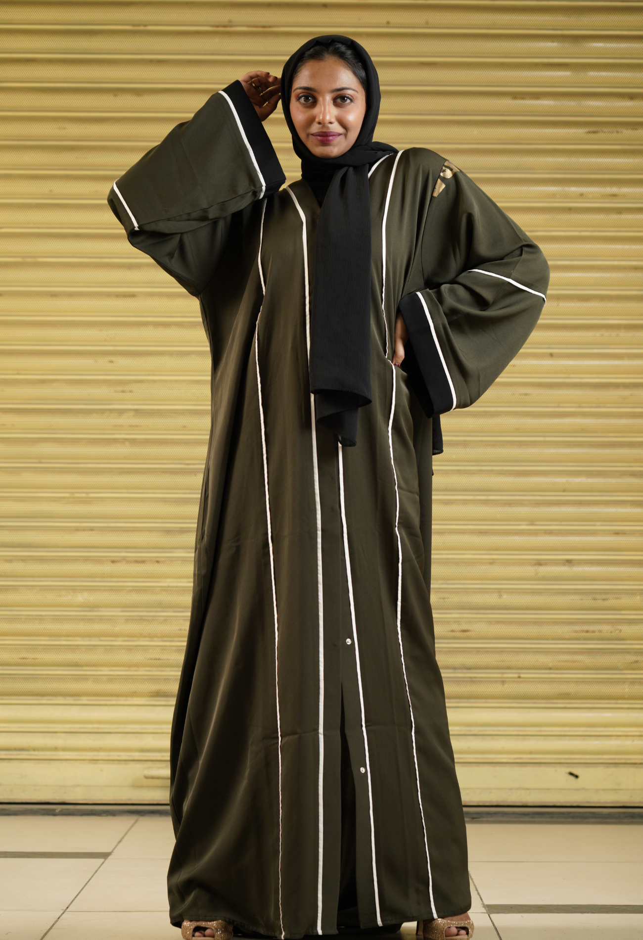 Military Green Front Open Abaya with White Piping