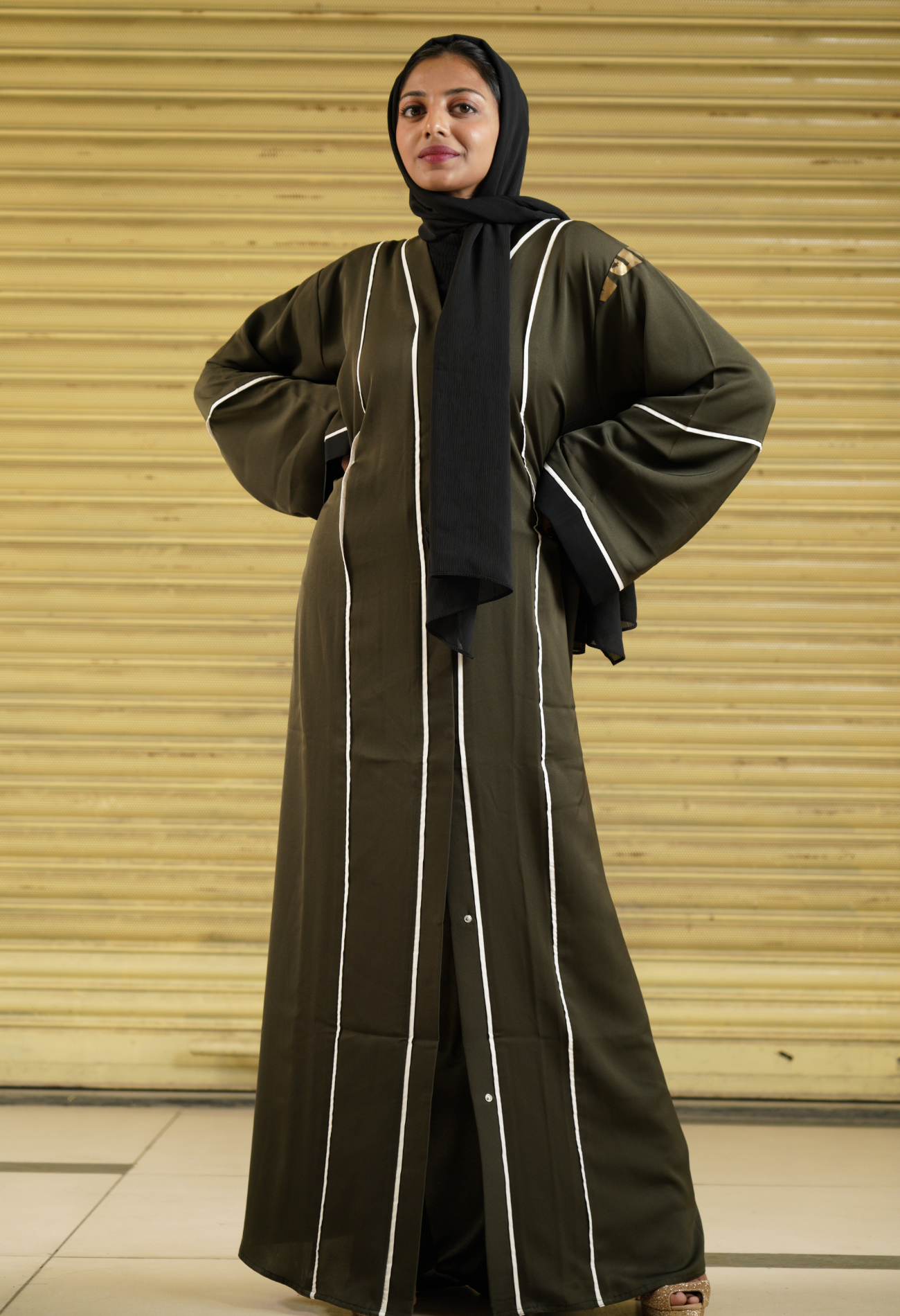 Military Green Front Open Abaya with White Piping