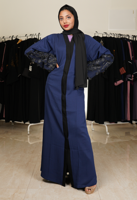 Texture Navy Blue Front Open Abaya With Net Sleeves