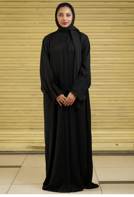 Basic Plain Black Front Open Abaya With Pleated Sleeves