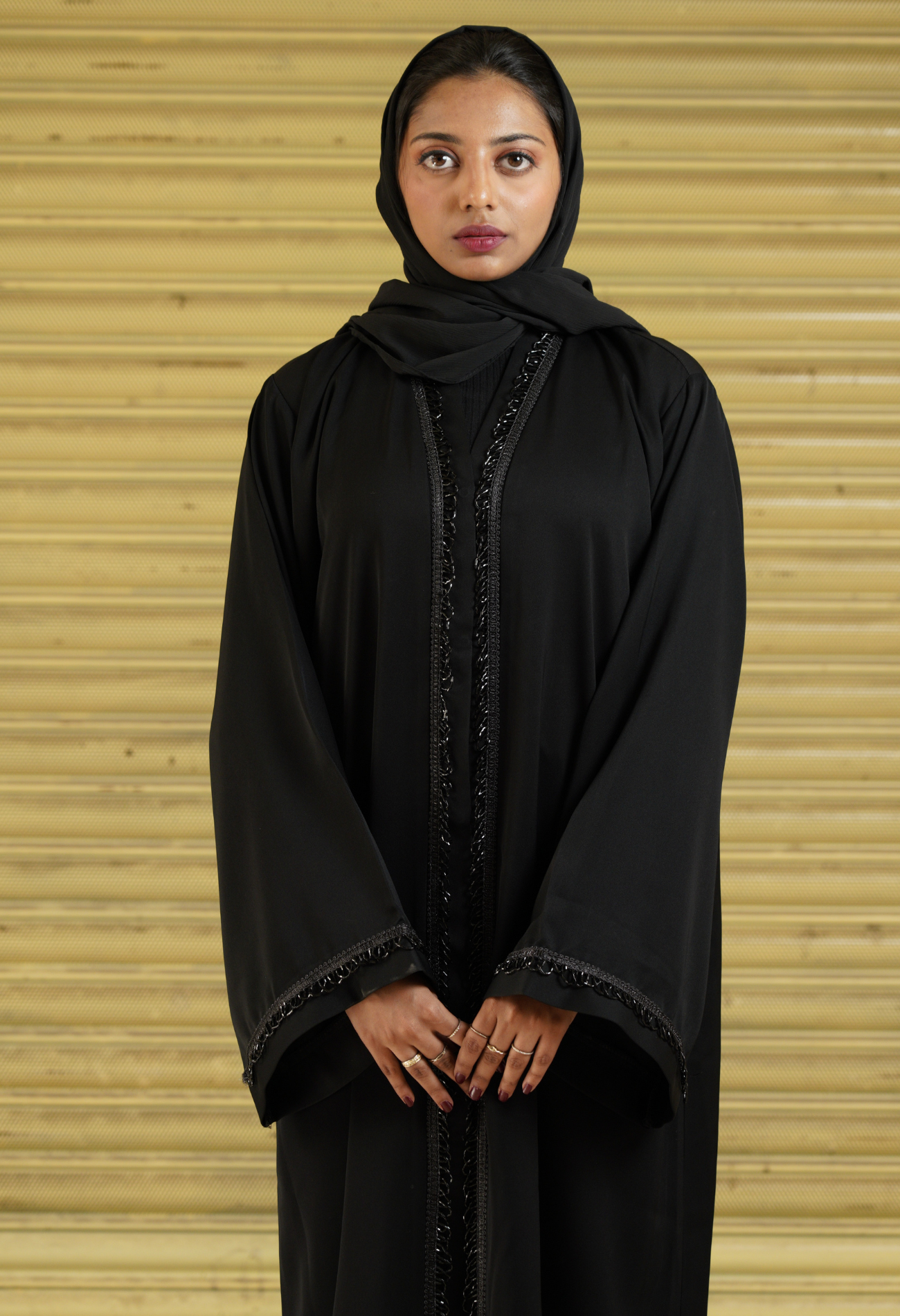 Black Front Open Abaya with Black Tassel