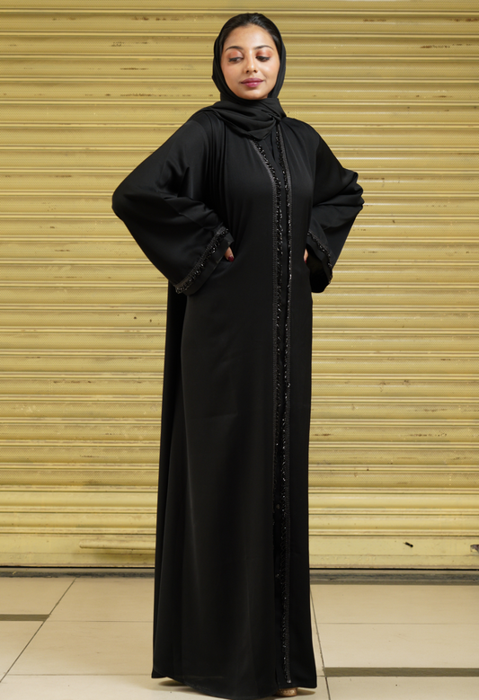 Black Front Open Abaya with Black Tassel