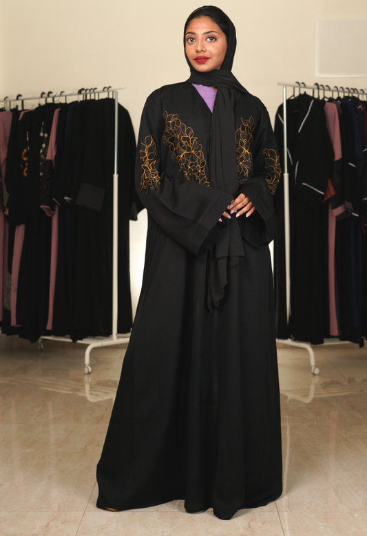 Black Front Open Abaya With Embroidery