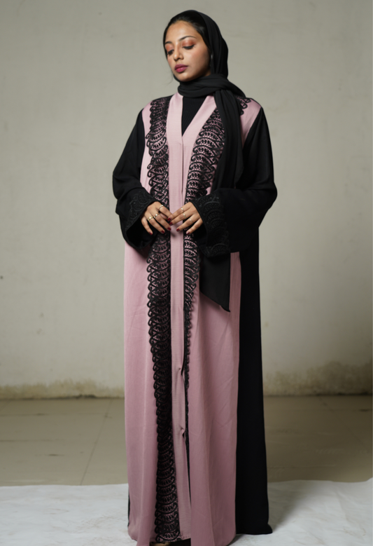 Front Open Two Tone Abaya with Lace