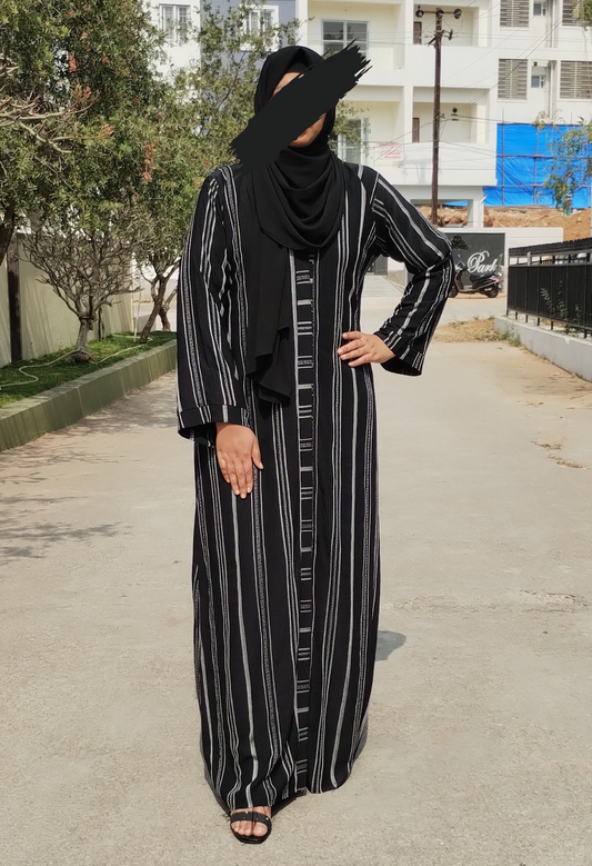 Black Front Open Abaya with White Threading